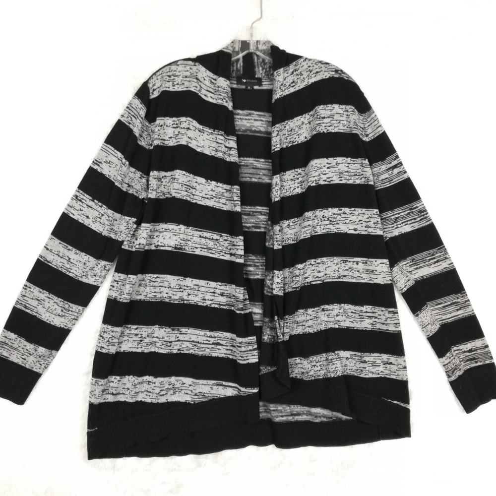 Ab Solution Womens Sweater Cardigan Open Front Black Gray Stripe Knit XL